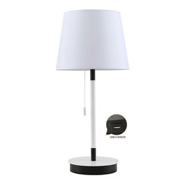 Fbright Lampe de table E27 avec chargeur USB, blanc/noir, métal, abat-jour en tissu blanc, Ø235 x 505 mm