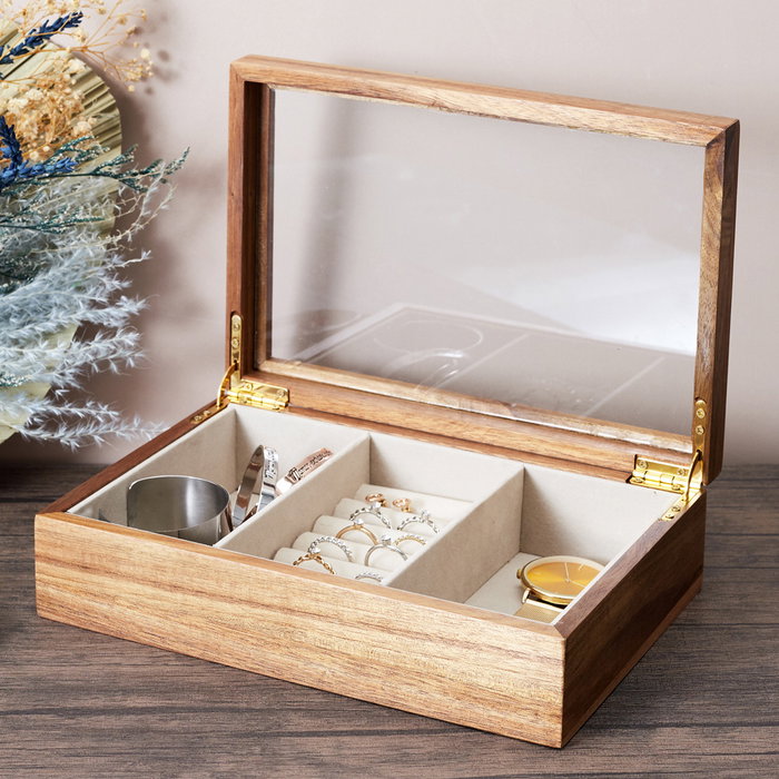 Home Deco Factory Boîte à bijoux avec séparateurs en bois d'acacia et verre