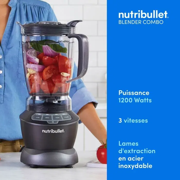 Nutribullet Blender Combo NBF500DG - Blender 1200W - Pichet Sans BPA 1.65L - 2 tasses et couvercles de voyage inclus - Noir - 3 vitesses, fonction pulse et programme Extract