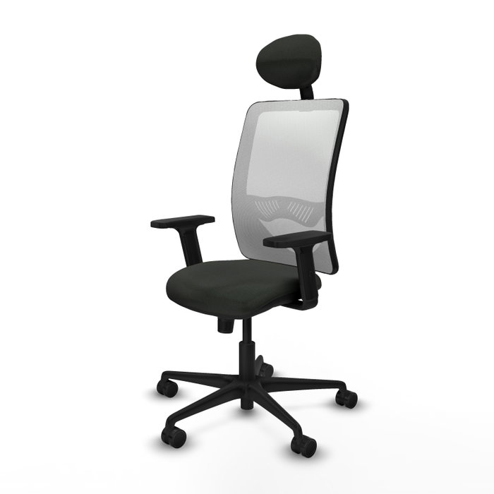 Chaise Zulema Synchro 3 positions tissu Noir Maille Blanc Base en nylon noir Accoudoir 2D Appui-tête Roulettes 65mm nylon