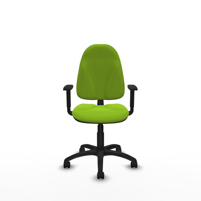 Chaise de bureau Algarra avec mécanisme de contact permanent de base, rembourrée en simili cuir couleur pistache. Équipée d'une base en polyamide noir, d'accoudoirs 1D et de roulettes en nylon de 50 mm.