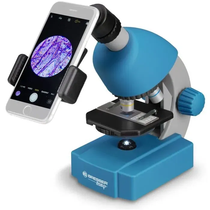 Bresser Microscope Junior - Grossissement 40x à 640x avec Éclairage LED - Kit d'Expérimentation pour Enfants à partir de 8 ans - Compact et sur Piles