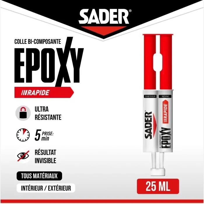 Sader - Colle époxy bicomposante rapide et résistante - Transparente - Pour bois, métal, verre, plastique, béton - Prise en 5 minutes - Seringue 25 ml