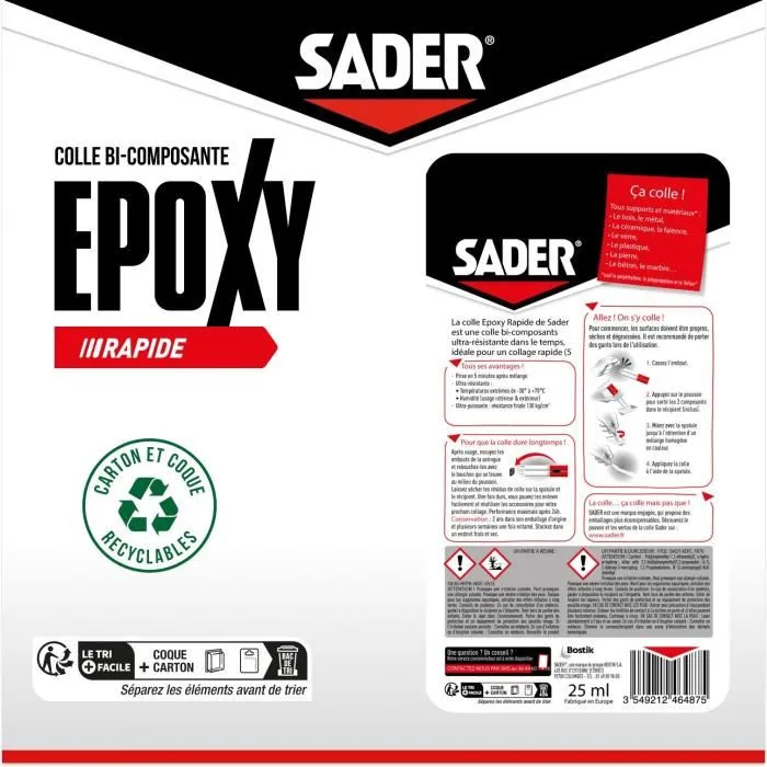 Sader - Colle époxy bicomposante rapide et résistante - Transparente - Pour bois, métal, verre, plastique, béton - Prise en 5 minutes - Seringue 25 ml