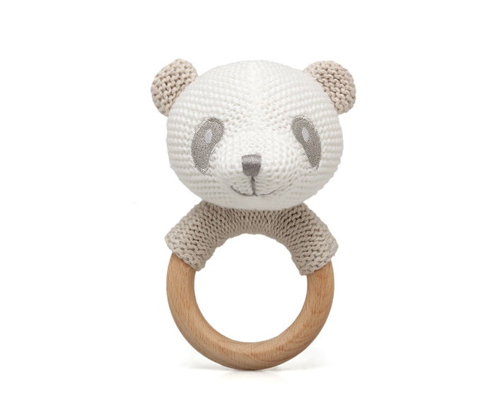 KioKids Cotton Friends - Anneau de dentition Panda en bois et coton bio, jouet écologique pour bébé 3 mois et plus