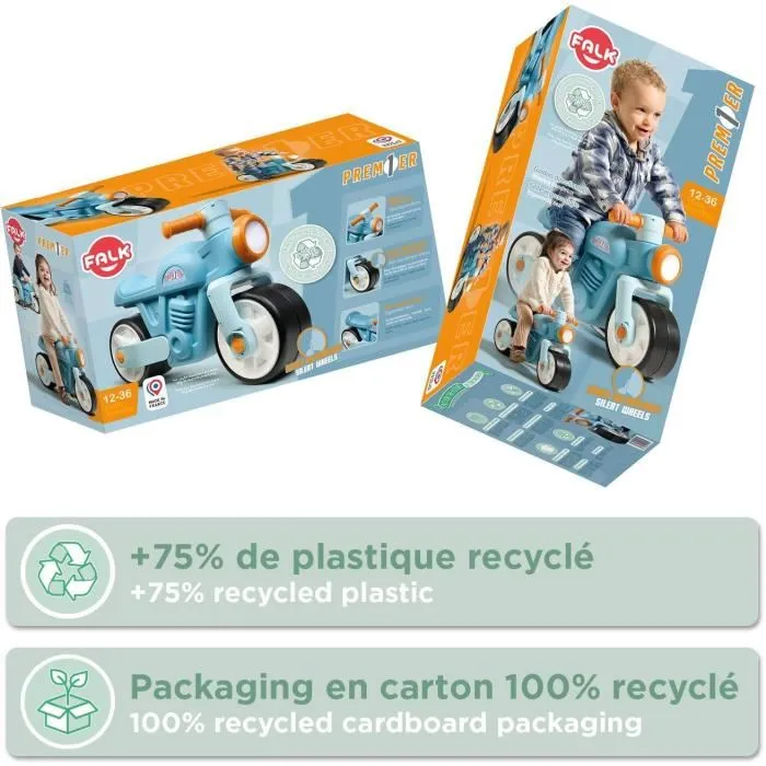 Falk Draisienne Moto Premier - Bleu - Roues silencieuses antidérapantes - 75% plastique recyclé - Fabriqué en France - Dès 12 mois