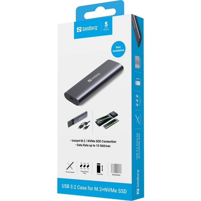 Sandberg Boîtier USB 3.2 pour SSD M.2 NVMe - Connexion USB-C/USB-A - Transfert jusqu'à 10 Gbps