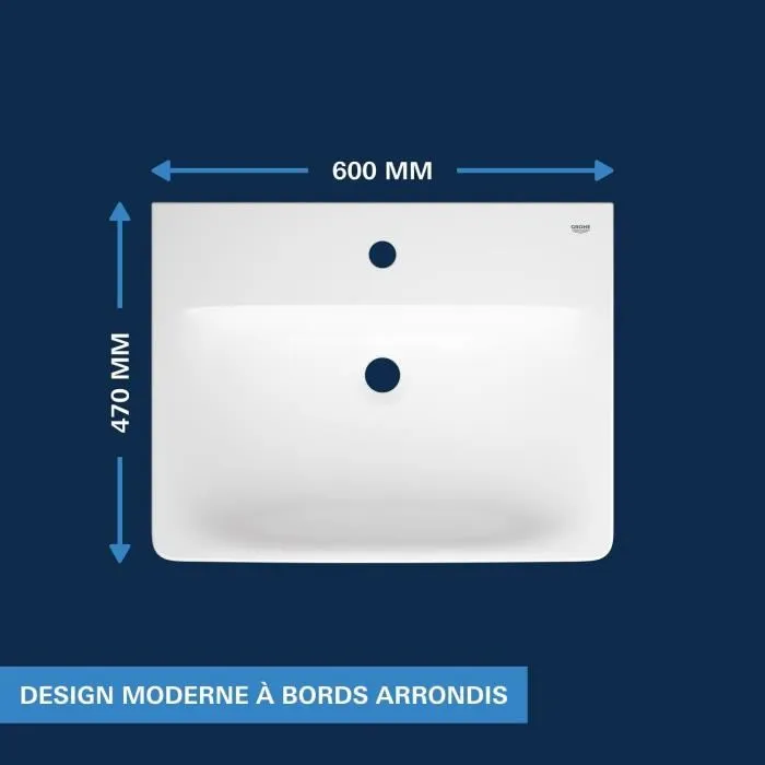 Grohe Euro Ceramic - Lavabo suspendu rectangulaire en porcelaine vitrifiée - 60 x 47 cm - 1 trou - Émaillage antibactérien HyperClean - Blanc