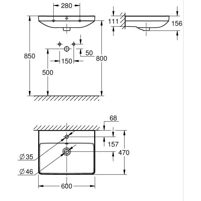 Grohe Euro Ceramic - Lavabo suspendu rectangulaire en porcelaine vitrifiée - 60 x 47 cm - 1 trou - Émaillage antibactérien HyperClean - Blanc