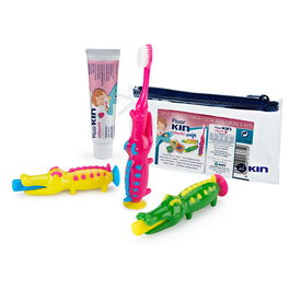 Kin Coffret Hygiène Dentaire Enfant Voyage FLUORKIN Crocodile 3 Pièces - Brosse à Dents, Dentifrice Fraise 25ml, Trousse de Toilette