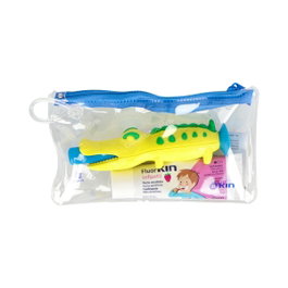 Kin Coffret Hygiène Dentaire Enfant Voyage FLUORKIN Crocodile 3 Pièces - Brosse à Dents, Dentifrice Fraise 25ml, Trousse de Toilette
