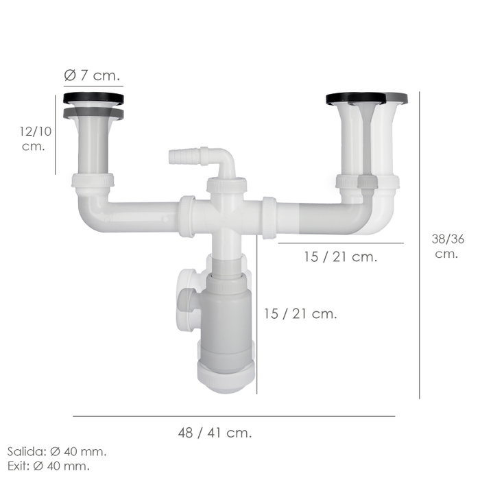 ABRISA Siphon Double avec Valve Extensible 1-1/2 poleg pour Éviers Ø 70 mm