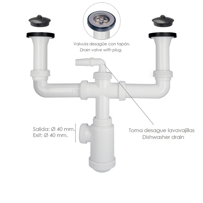 ABRISA Siphon Double avec Valve Extensible 1-1/2 poleg pour Éviers Ø 70 mm