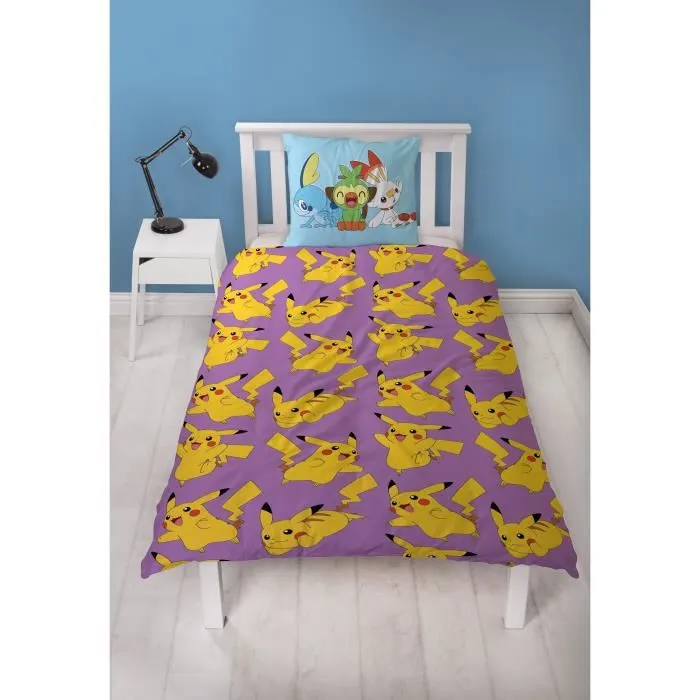 Pokemon - Parure de lit réversible Pikachu Microfibre - Housse de couette 140 x 200 cm + Taie 63 x 63 cm