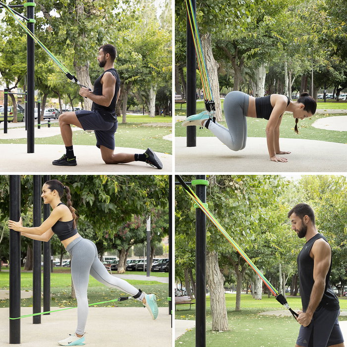 Pack Station de Tractions et Fitness avec Guide D'Exercices et Set de Bandes de Résistance avec Accessoires et Guide d´Entraînem