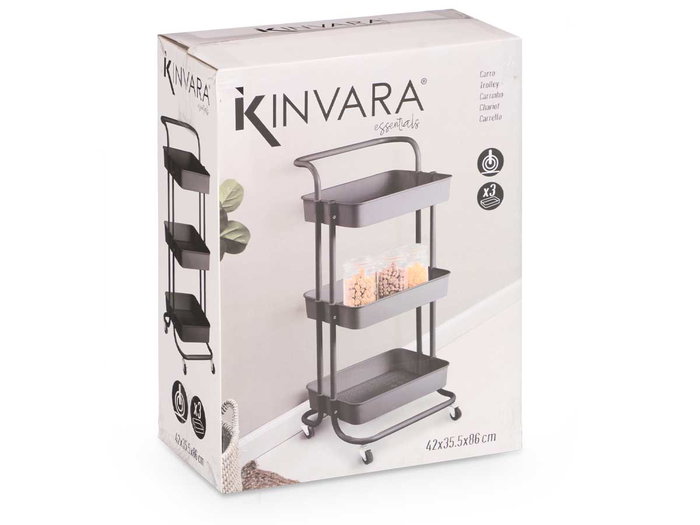 Kinvara Chariot Organisateur Plastique Noir 3 Niveaux 43x16x32 cm