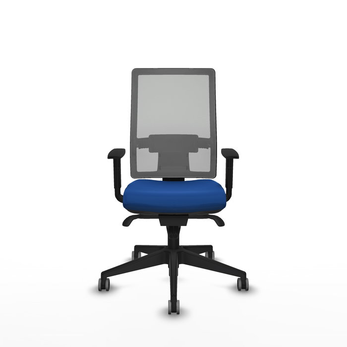 Chaise Horna Synchro 5 positions cuir écologique Bleu Maille Gris Base pyramidale noire Accoudoir 1D Sans appui-tête Roulettes 65mm pour moquette