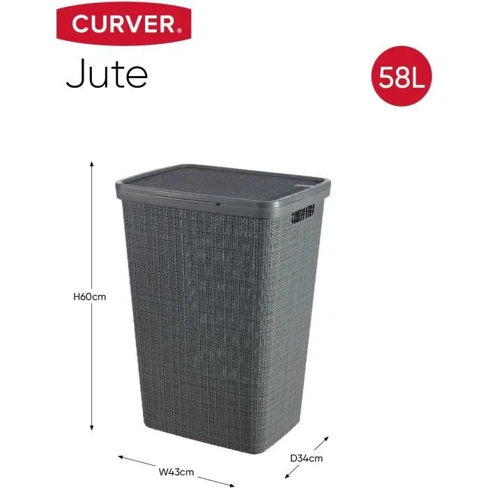 Curver Coffre à linge 58 litres en plastique recyclé, couvercle ventilé, 34x43x60 cm, style contemporain