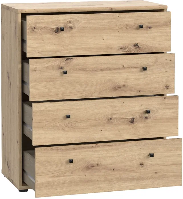 Commode TEMPRA 4 tiroirs en chêne artisan - Dimensions: 73,7 * 34,8 * 85,5 cm - Rangement spacieux et fonctionnel pour chambre, salon ou entrée