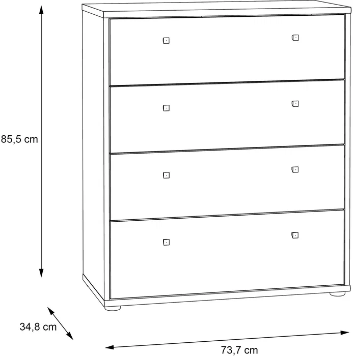 Commode TEMPRA 4 tiroirs en chêne artisan - Dimensions: 73,7 * 34,8 * 85,5 cm - Rangement spacieux et fonctionnel pour chambre, salon ou entrée