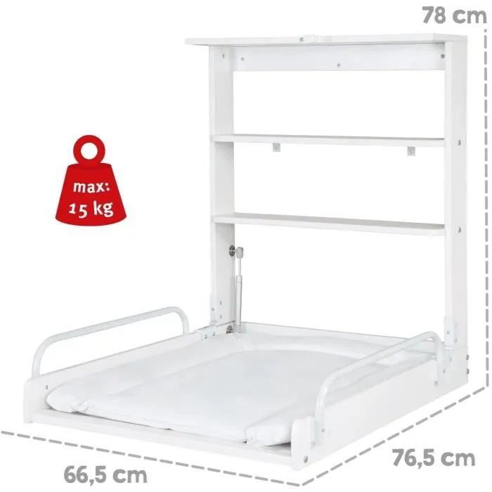 ROBA Table à langer murale rabattable - Matelas imperméable inclus - 2 étagères intégrées - Finition bois laqué blanc - 59 x 72 cm - Sécurité certifiée TÜV