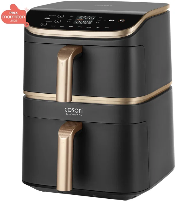 Cosori Turbo Tower Pro Smart Airfryer, Friteuse sans Huile à Double Cuve, 10.8L, 7 Programmes (Frire, Cuire, Griller, Rôtir), 2630W, Wi-Fi, Noir