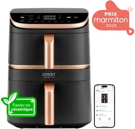Cosori Turbo Tower Pro Smart Airfryer, Friteuse sans Huile à Double Cuve, 10.8L, 7 Programmes (Frire, Cuire, Griller, Rôtir), 2630W, Wi-Fi, Noir