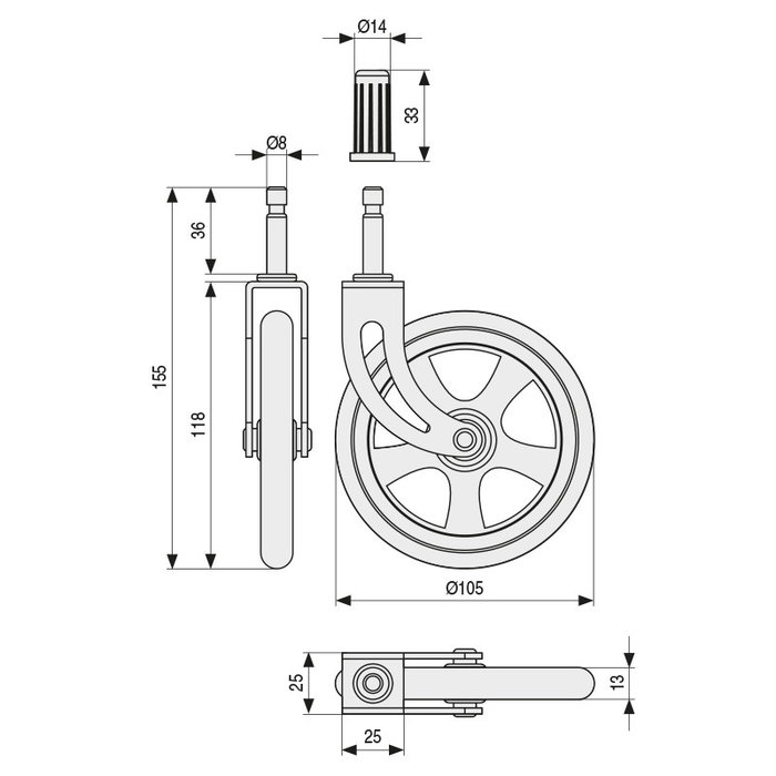 Q&Q Roue pivotante Camarena jante caoutchouc D105 EC Bronze Max.10kg avec fixation tige H123
