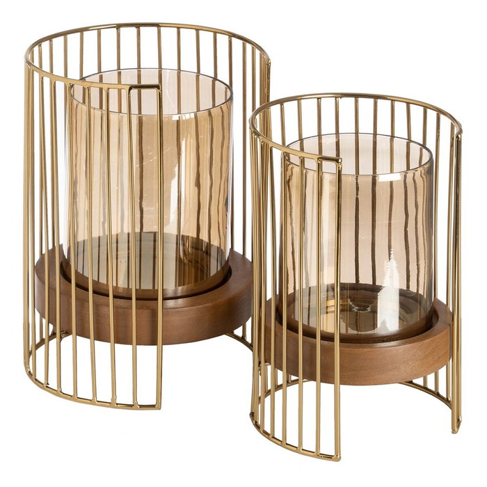 BigBuy Home Bougeoir Marron Doré Bois Verre Acier 18 x 18 x 25 cm