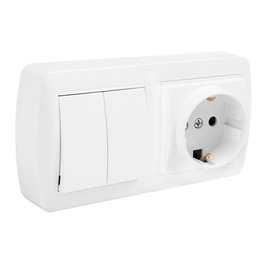 Solera Base 2P+T Schuko Bipolaire avec Double Commutateur et Obturateur, Surface Murale 148x72x42mm Blanc