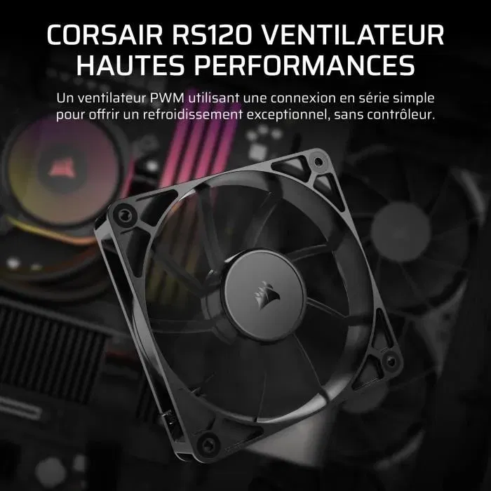 Corsair RS120 - Ventilateur PC PWM 120mm Noir - Refroidissement Silencieux et Efficace - Connecteur 4 Broches Corsair RS120 - Ventilateur PC PWM 120mm Noir - Refroidissement Silencieux et Efficace - Connecteur 4 Broches
