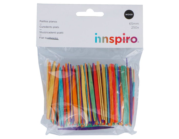 Innspiro Bâtonnets plats en bois de 65mm, mix couleurs, 250 unités