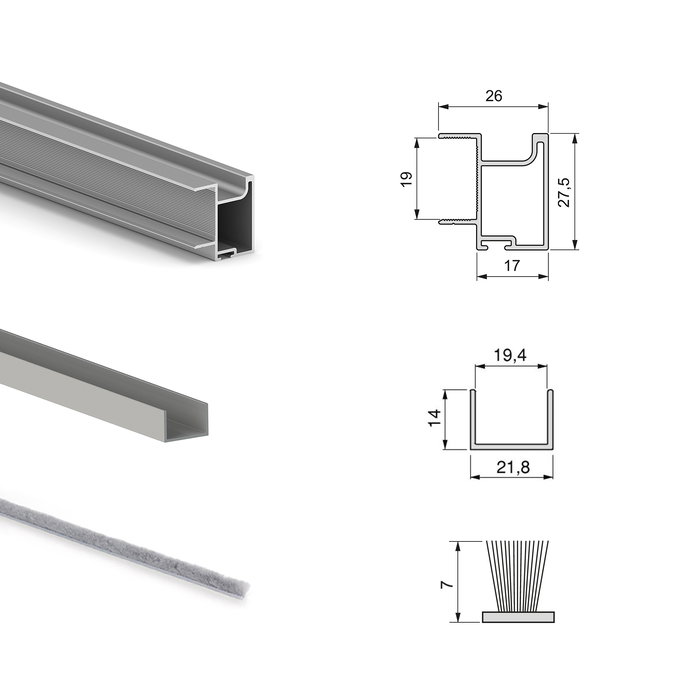 Emuca Kit de quincaillerie pour armoire à 2 portes coulissantes avec fermeture souple Placard 74, Modèle de poignée Sharp, épaisseur 19mm, panneaux non inclus, Anodisé mat