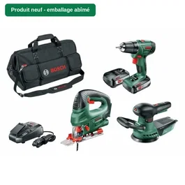 Bosch Pack 3 outils sans fil 18V - Perceuse, scie sauteuse et ponceuse excentrique