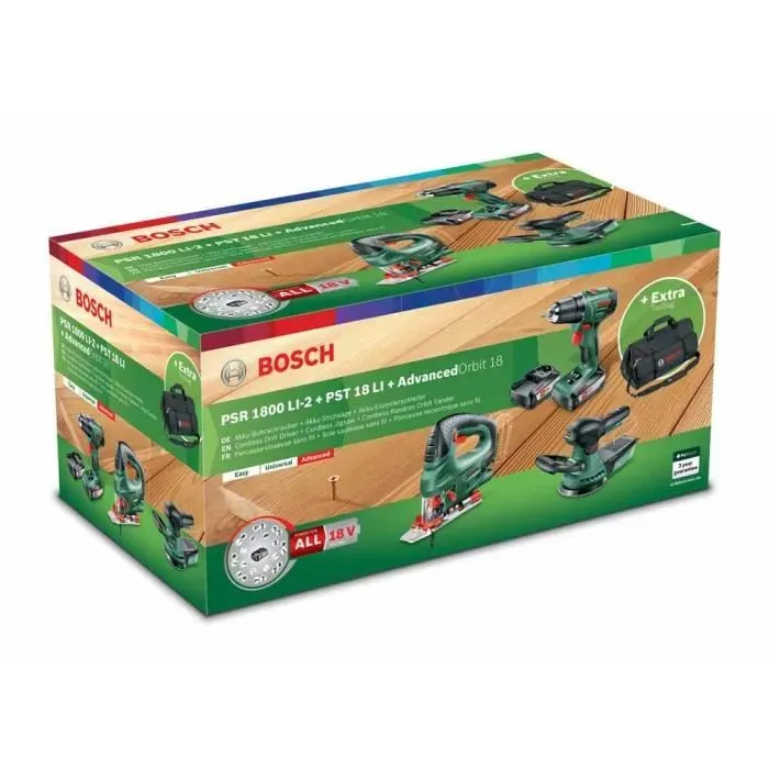 Bosch Pack 3 outils sans fil 18V - Perceuse, scie sauteuse et ponceuse excentrique Bosch Pack 3 outils sans fil 18V - Perceuse, scie sauteuse et ponceuse excentrique