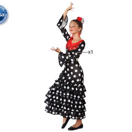 Déguisement Flamenco Andalou pour Fille, Robe Noire à Pois Blancs et Volants Rouges - Taille 3-4 Ans