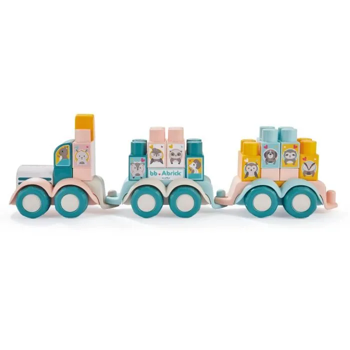 Ecoiffier 7918 - Train de construction et de motricité en bois pour enfant - 30 briques et 3 châssis - Jouet d'éveil garanti origine France