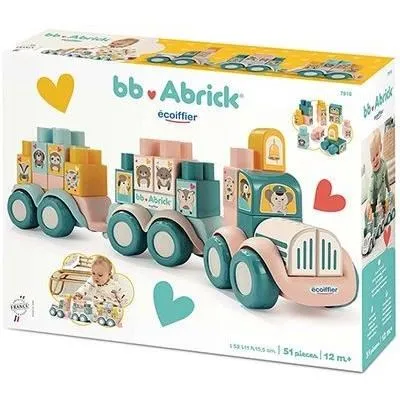 Ecoiffier 7918 - Train de construction et de motricité en bois pour enfant - 30 briques et 3 châssis - Jouet d'éveil garanti origine France