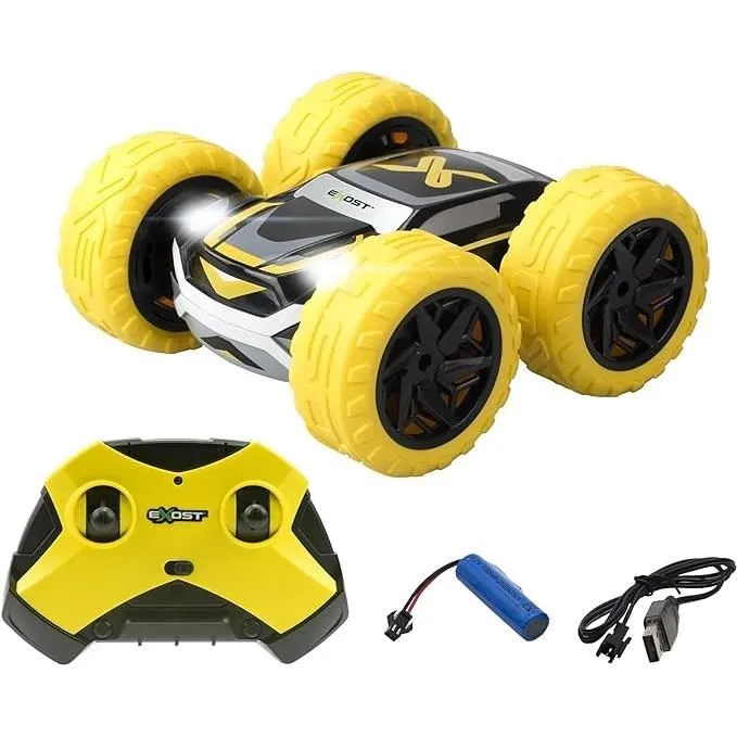 Exost - Voiture télécommandée 360 Cross jaune, radio 2.4Ghz pour 10 joueurs, 360°, batterie rechargeable, jeu 30-40 min, dès 4 ans