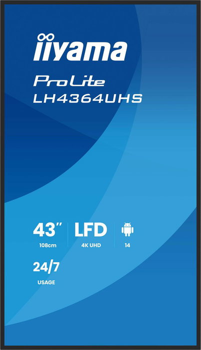 iiyama Écran Digital Signage 43" UHD 3840x2160 VA Haze 25% 500cd/m² - Panneau DLED, Android 14, HDMI, USB-C, WiFi, LAN, Porte-parleurs, Fonction 24/7