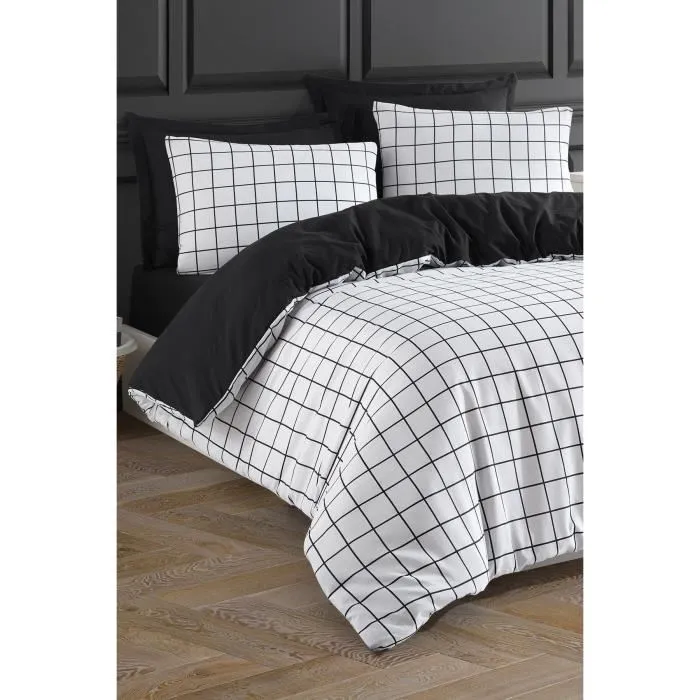 Parure de lit King-Size 220x240 cm - 1 Housse de couette et 2 Taies d'oreiller 60x60 cm - 65% Coton, 35% Polyester - Noir