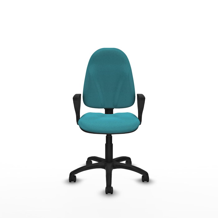Chaise de bureau Algarra avec mécanisme de contact permanent à double poignée, recouverte de tissu turquoise. Équipée d'une base en polyamide noir, d'accoudoirs fixes et de roulettes autobloquantes.