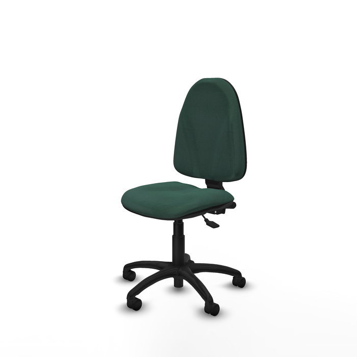 Chaise de bureau Algarra avec mécanisme Asincro, rembourrée de tissu vert bouteille. Équipée d'une base en polyamide noir, sans accoudoirs et de roulettes en nylon de 50 mm.