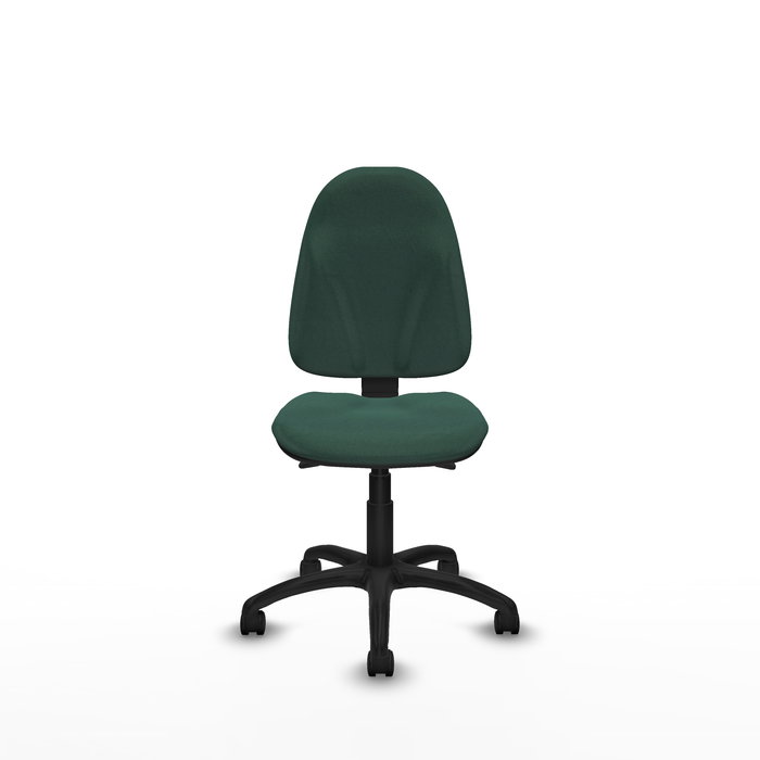 Chaise de bureau Algarra avec mécanisme Asincro, rembourrée de tissu vert bouteille. Équipée d'une base en polyamide noir, sans accoudoirs et de roulettes en nylon de 50 mm.