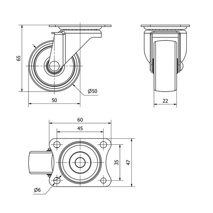 Ruedas Alex Roue pivotante noire avec plaque et axe lisse, Ø 5 cm, 30 kg