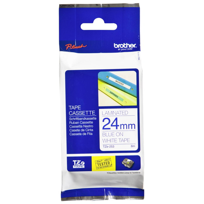 Brother TZe-253 Ruban d'étiquetage laminé 24 mm bleu sur blanc Brother TZe-253 Ruban d'étiquetage laminé 24 mm bleu sur blanc