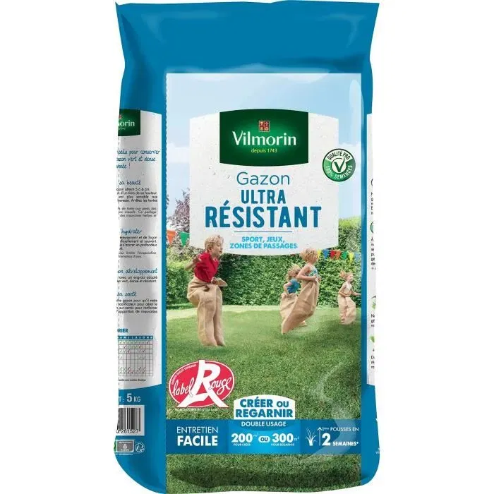 Vilmorin Semences de gazon ultra-résistant Label Rouge, pelouse dense pour usages intensifs, pour 200m2 à 300m2 - 5 kg