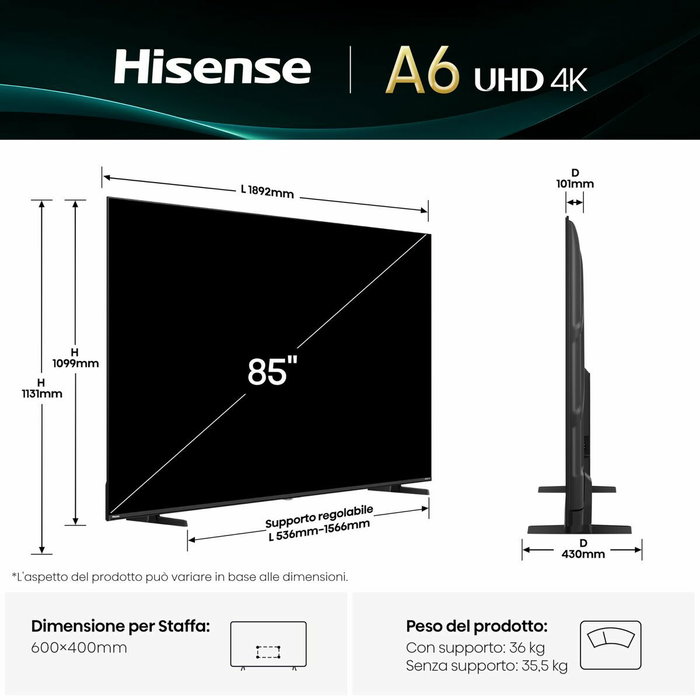 TV intelligente Hisense 85A6Q 85" 4K Ultra HD LED HDR D-LED