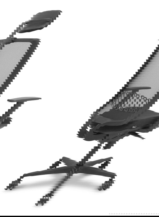 Chaise Alares Synchro 5 positions tissu Noir Base en nylon noir Accoudoir 1D Appui-tête 2D Roulettes 65mm nylon