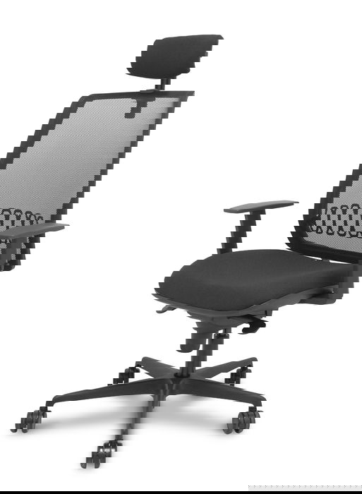 Chaise Alares Synchro 5 positions tissu Noir Base en nylon noir Accoudoir 1D Appui-tête 2D Roulettes 65mm nylon